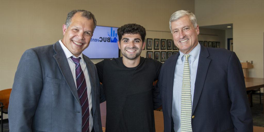 Berkeley alumn BUC Ventures winner posed with Headmaster and Director of the BUC Ventures program 